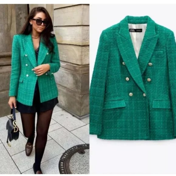 ZARA Balmain Style Double Breasted Blazer Textured Green - Picture 6 of 15